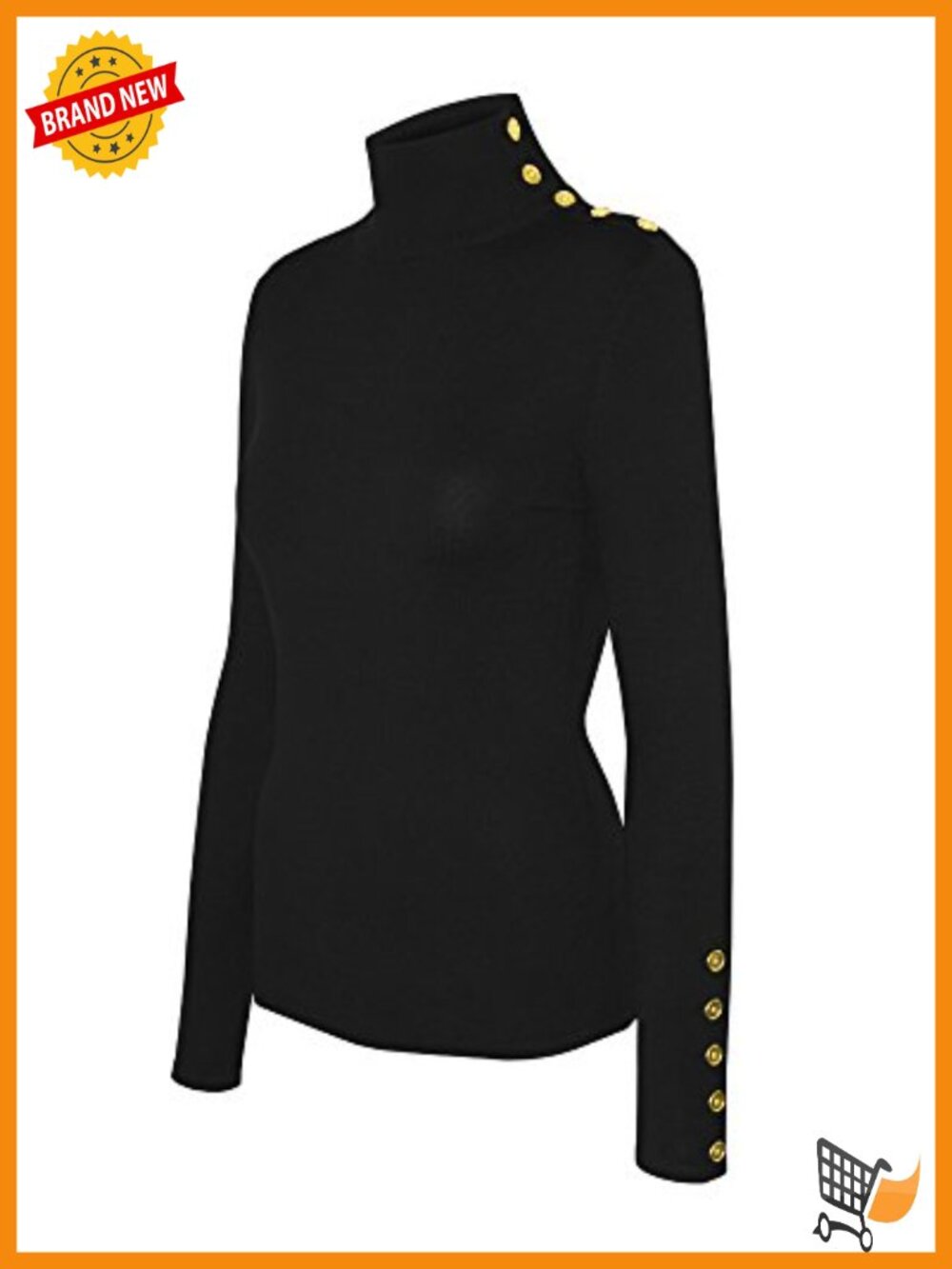 Cielo Womens Pullover Semi Fitted Turtleneck Sweater Gold Button Detail
